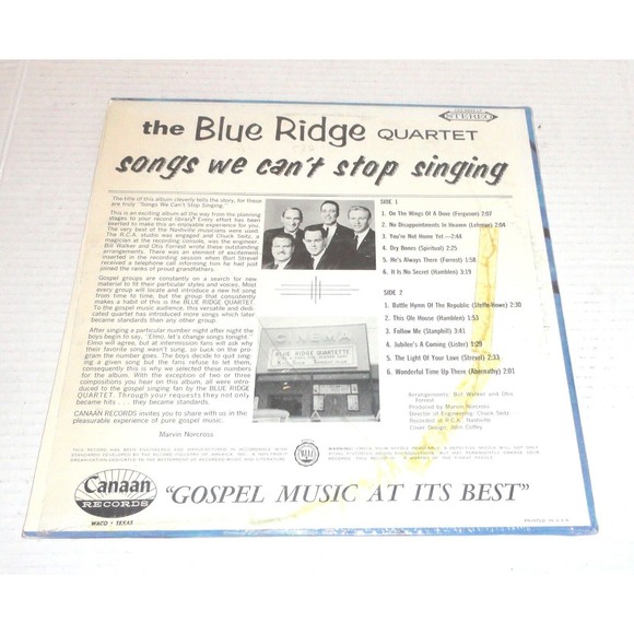 The Blue Ridge Quartet - Songs We Can't Stop Singing 12" Vinyl LP Canaan Records - Picture 5 of 5